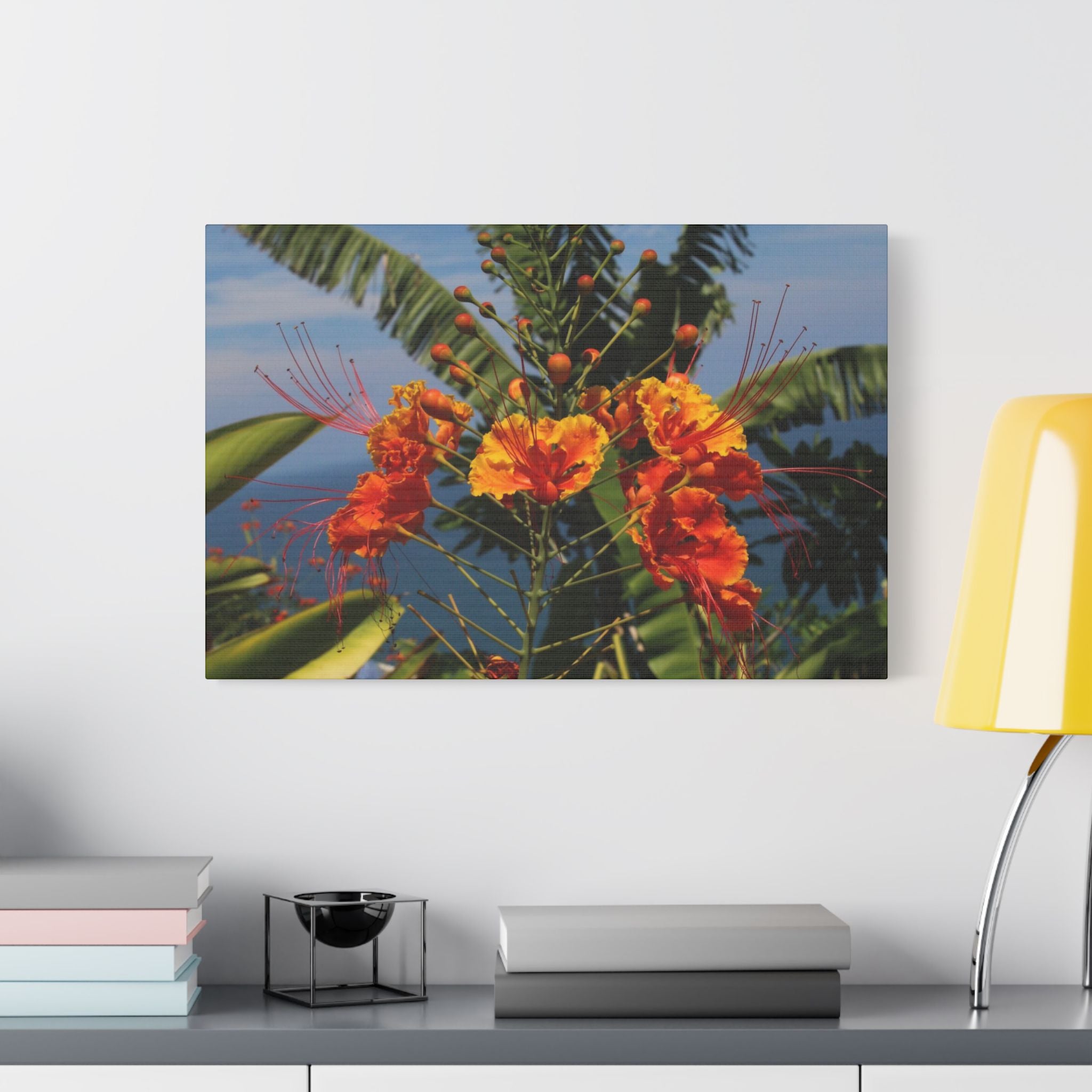 Tropical Flame Flower Satin Canvas Wall Art – Vibrant Orange Floral Stretched Print