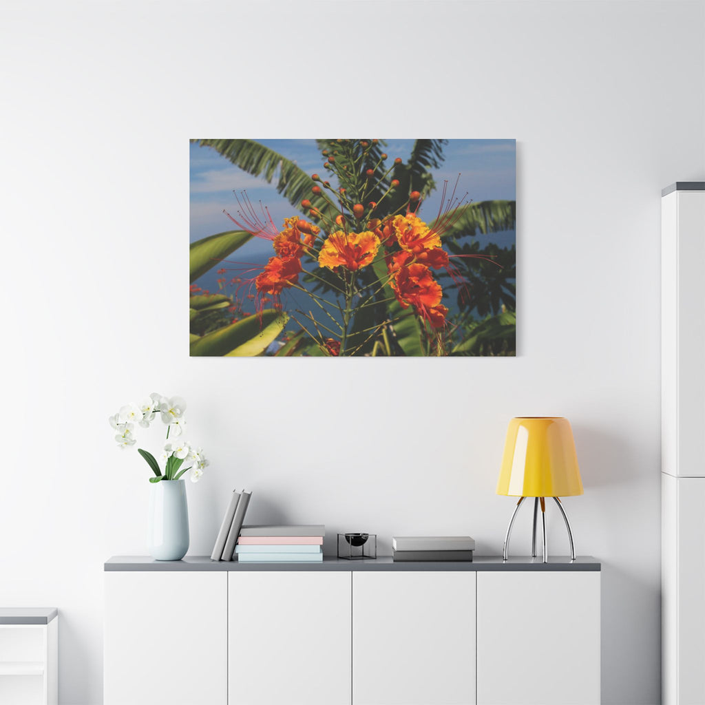 Tropical Flame Flower Satin Canvas Wall Art – Vibrant Orange Floral Stretched Print