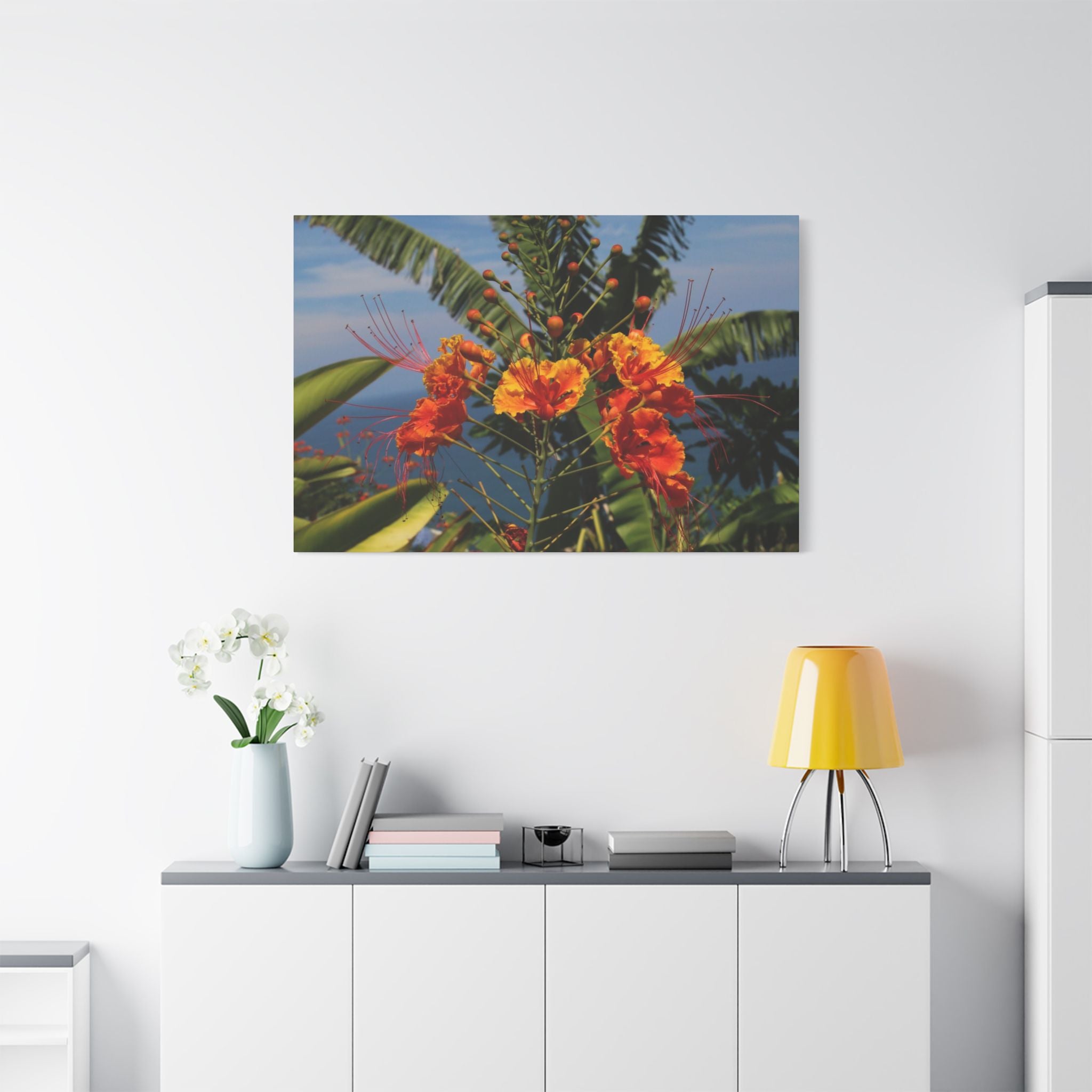 Tropical Flame Flower Satin Canvas Wall Art – Vibrant Orange Floral Stretched Print