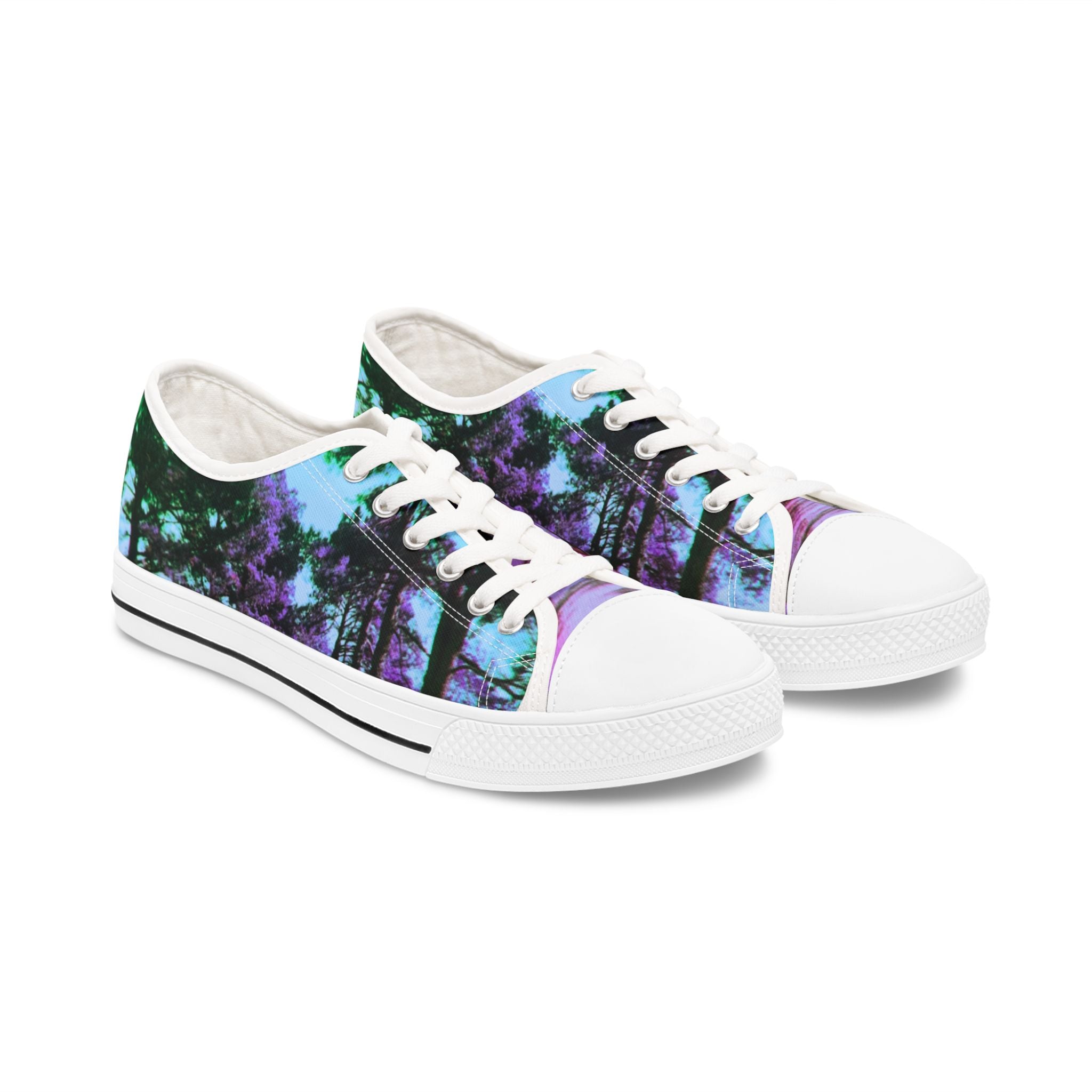 Women's Low Top Sneakers — Purple Teal Forest Print Casual Canvas Shoes