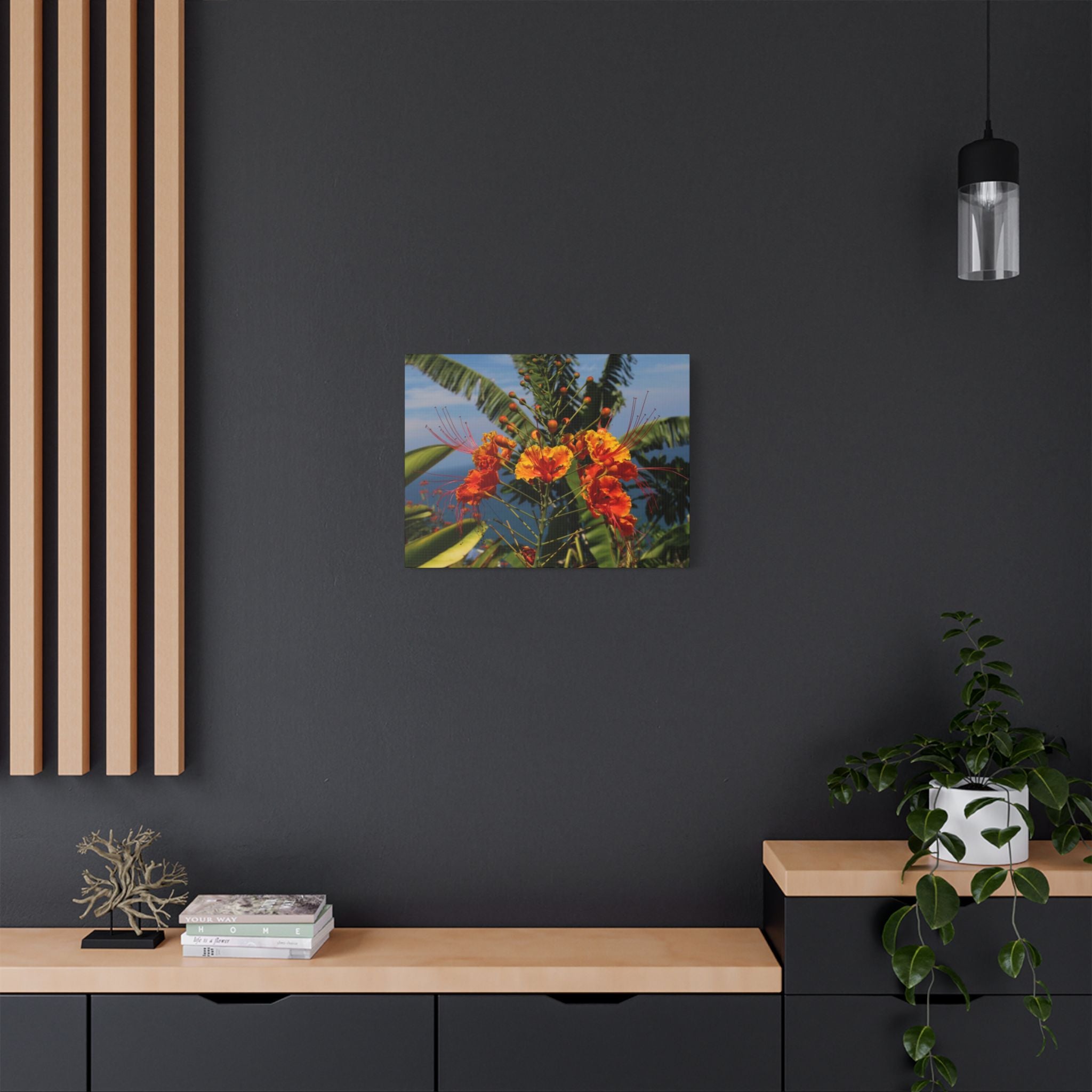 Tropical Flame Flower Satin Canvas Wall Art – Vibrant Orange Floral Stretched Print