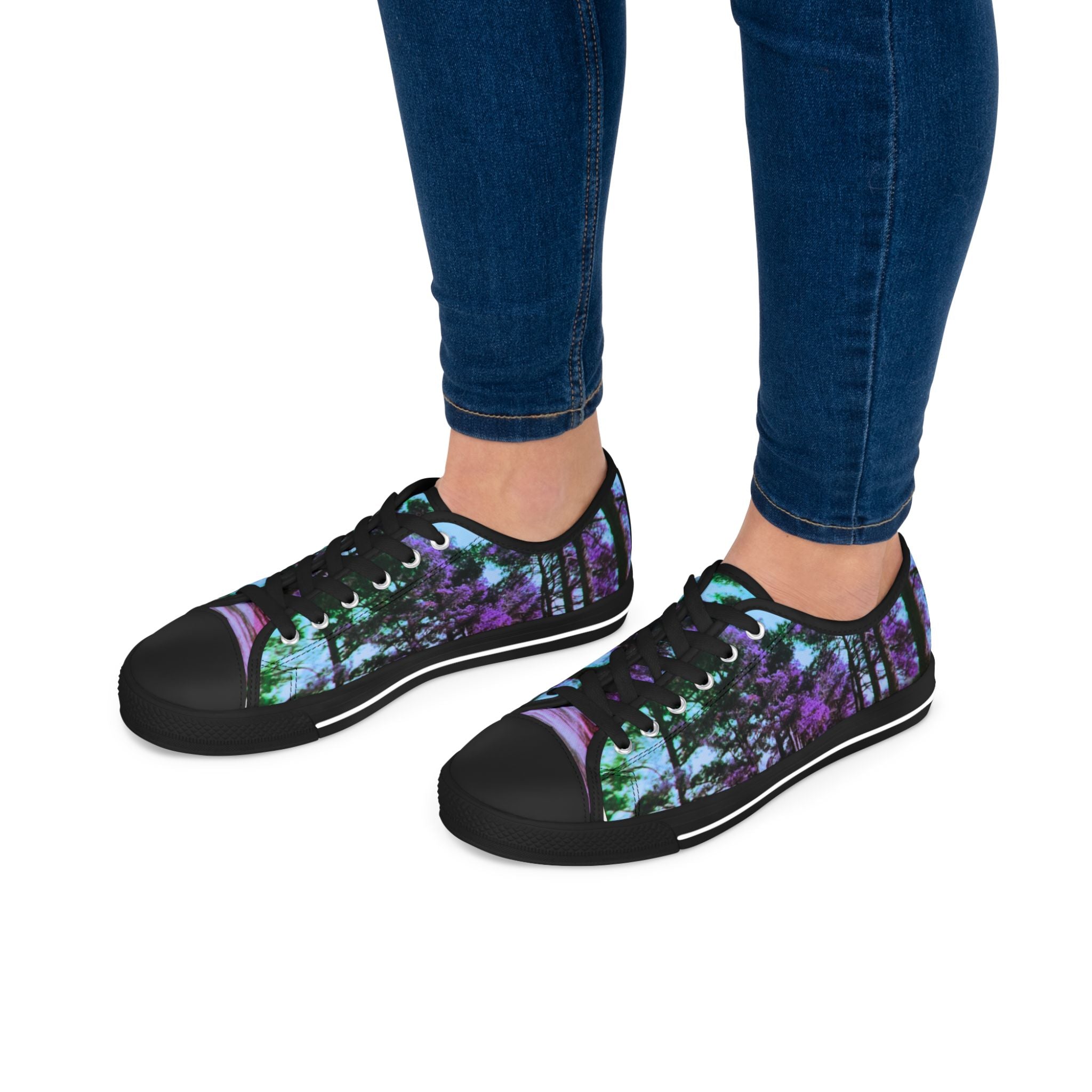 Women's Low Top Sneakers — Purple Teal Forest Print Casual Canvas Shoes