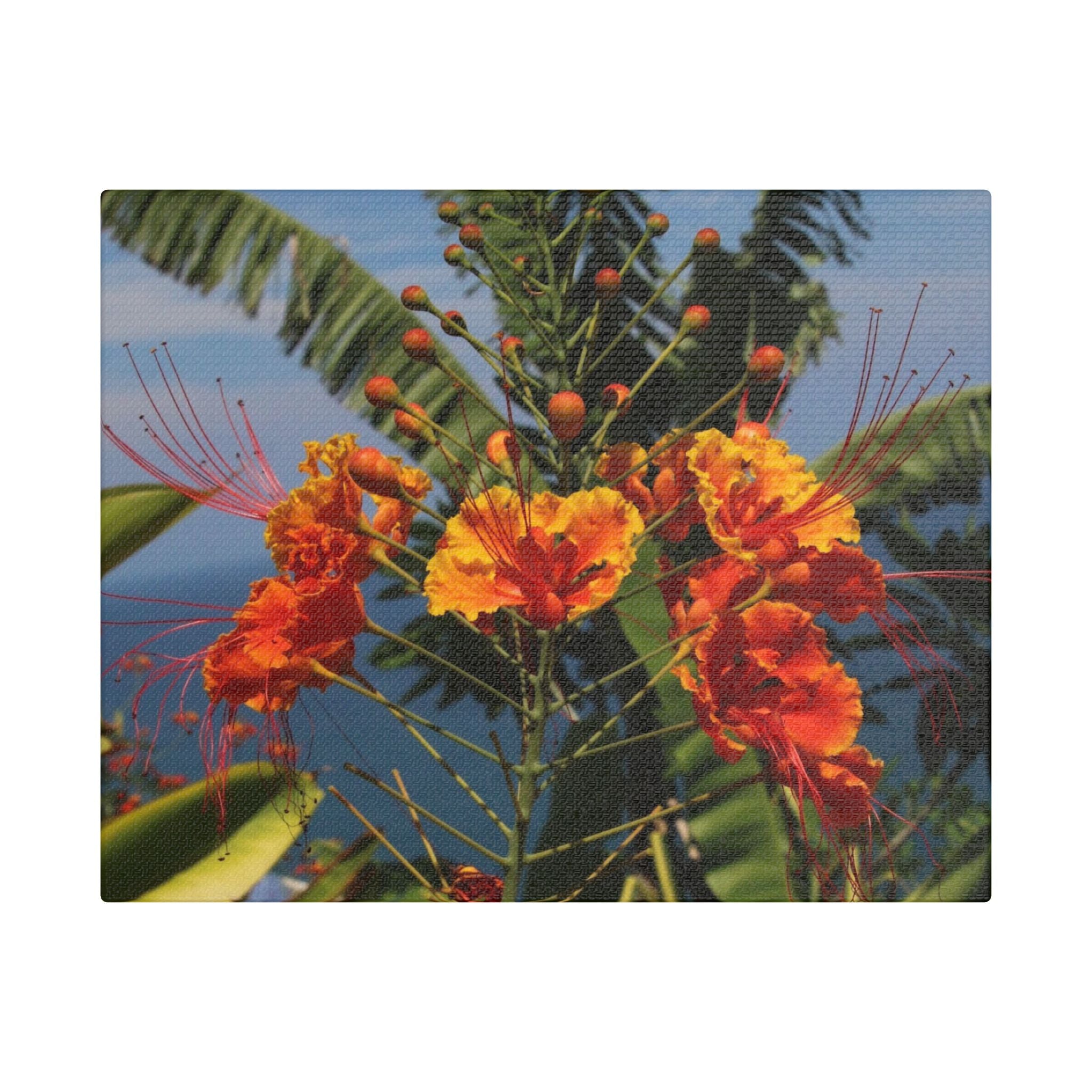Tropical Flame Flower Satin Canvas Wall Art – Vibrant Orange Floral Stretched Print