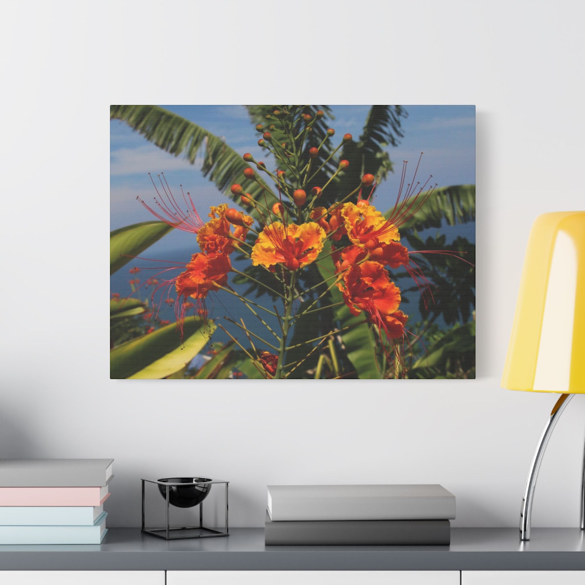 Tropical Flame Flower Satin Canvas Wall Art – Vibrant Orange Floral Stretched Print