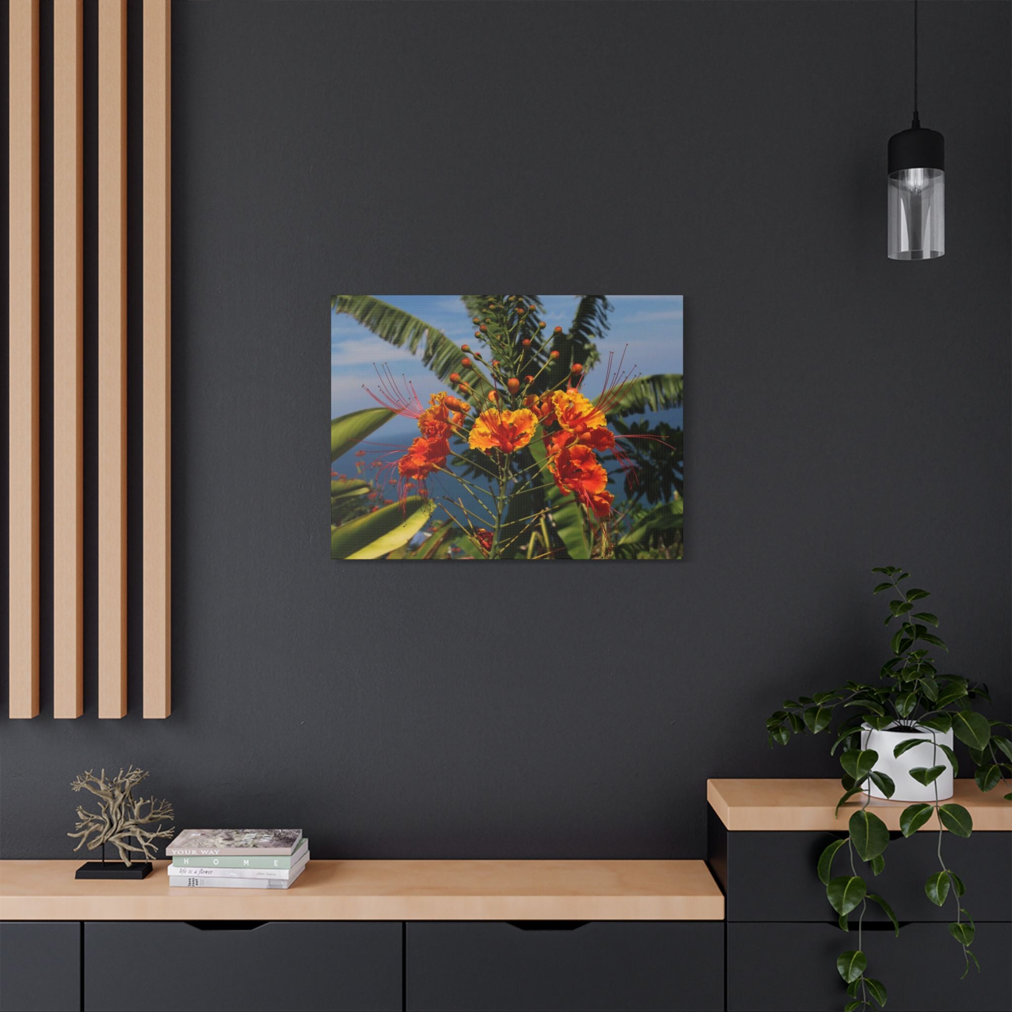 Tropical Flame Flower Satin Canvas Wall Art – Vibrant Orange Floral Stretched Print