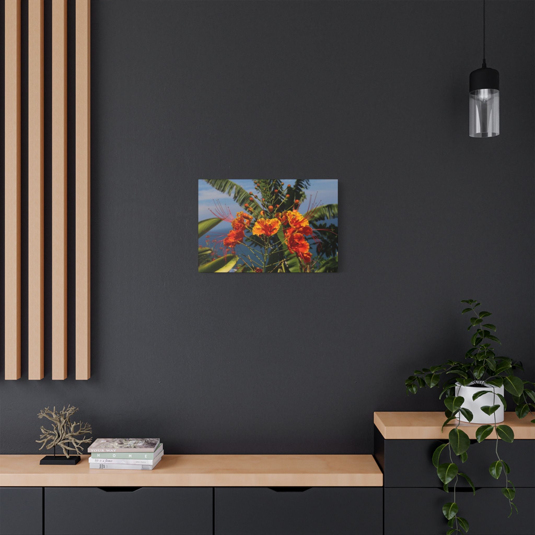 Tropical Flame Flower Satin Canvas Wall Art – Vibrant Orange Floral Stretched Print
