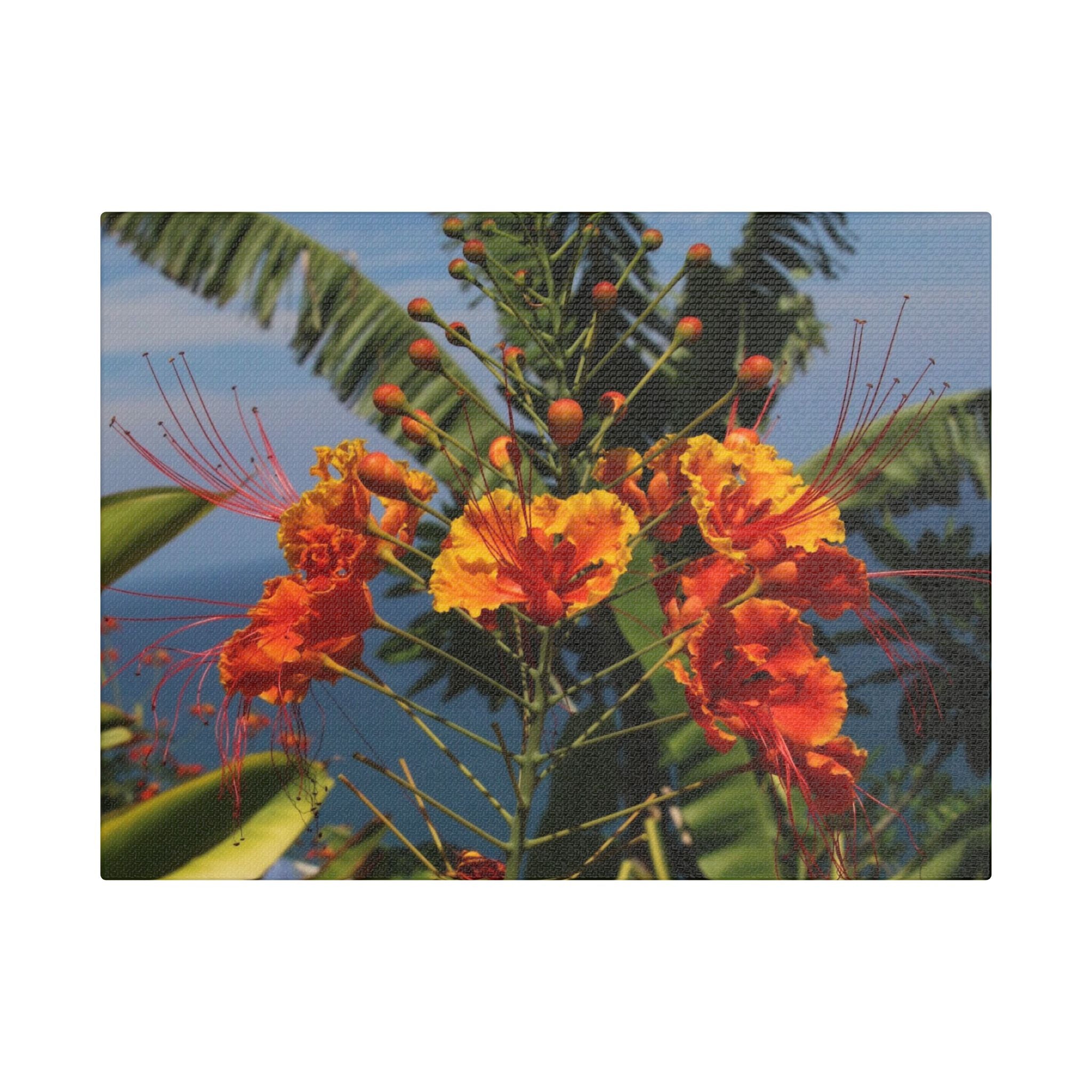 Tropical Flame Flower Satin Canvas Wall Art – Vibrant Orange Floral Stretched Print