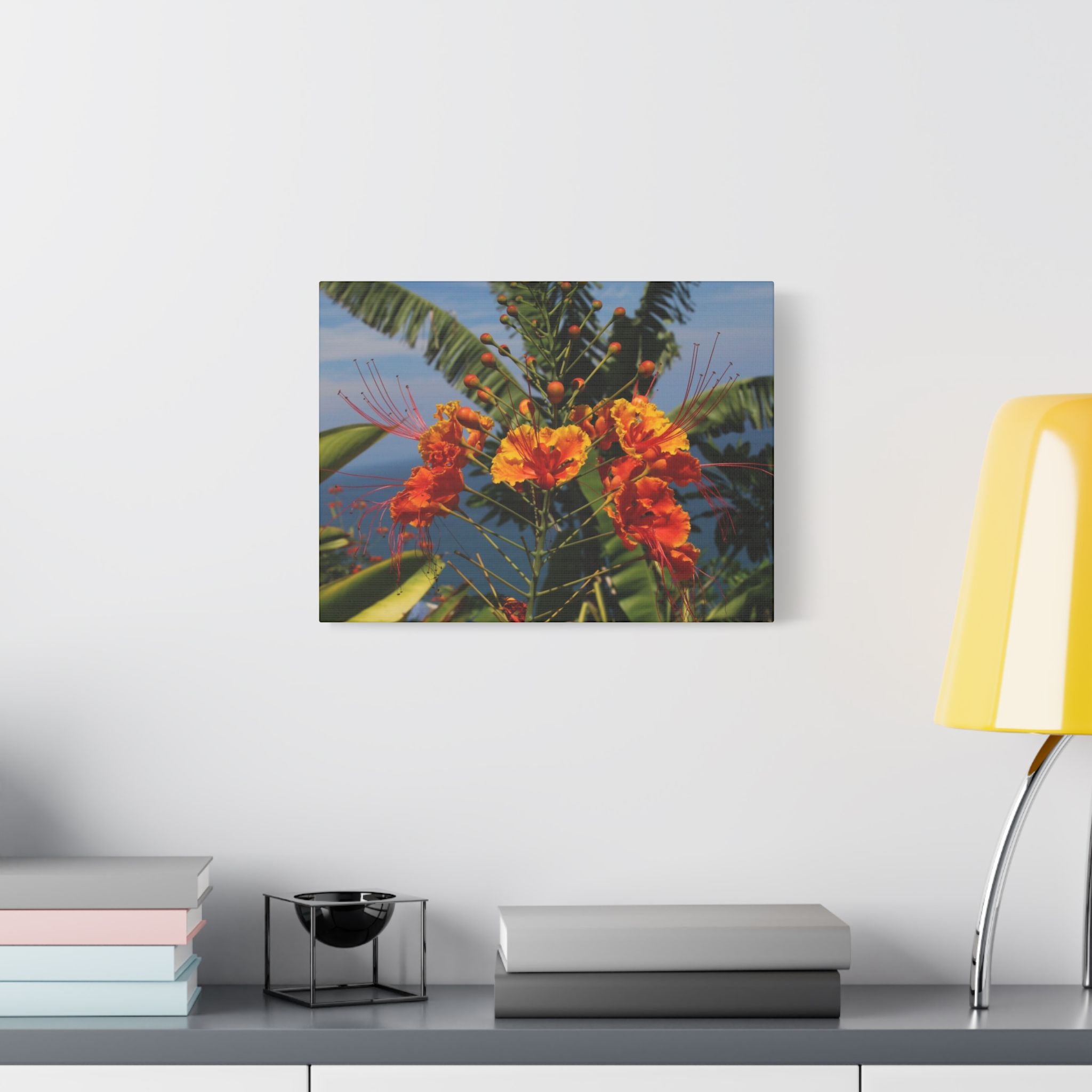 Tropical Flame Flower Satin Canvas Wall Art – Vibrant Orange Floral Stretched Print