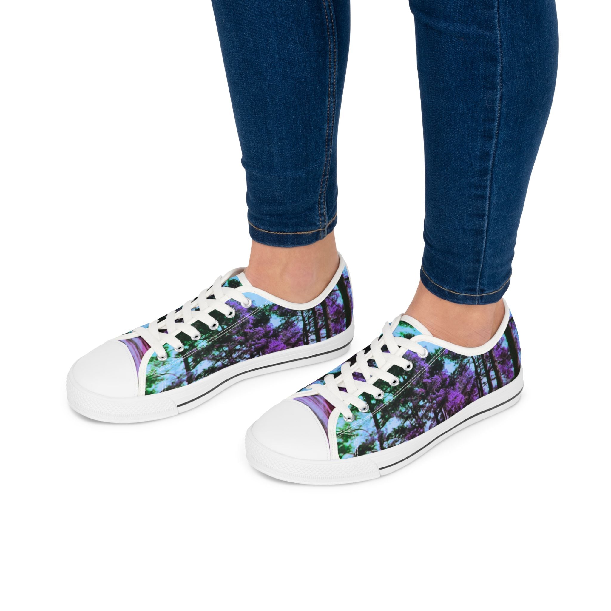 Women's Low Top Sneakers — Purple Teal Forest Print Casual Canvas Shoes