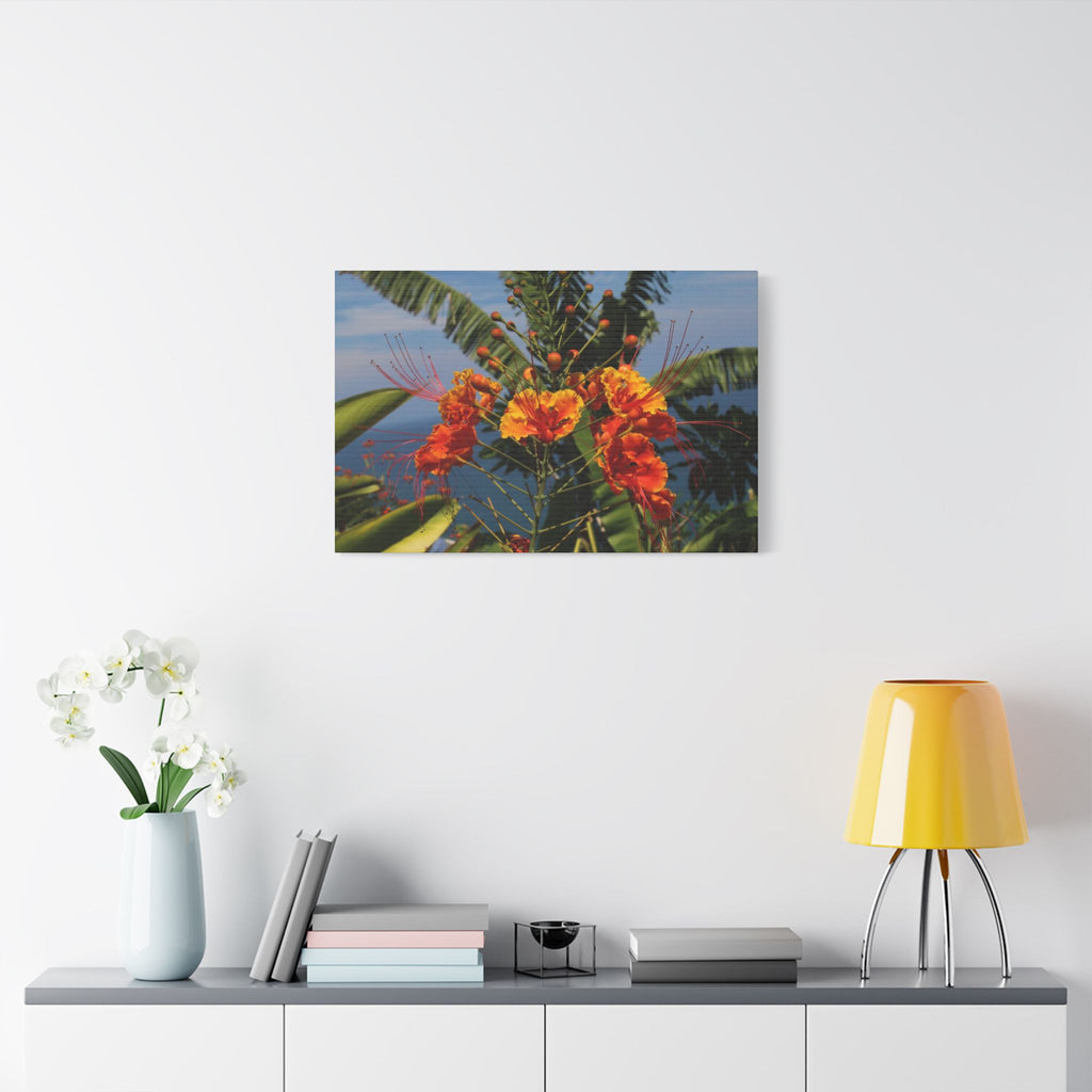 Tropical Flame Flower Satin Canvas Wall Art – Vibrant Orange Floral Stretched Print