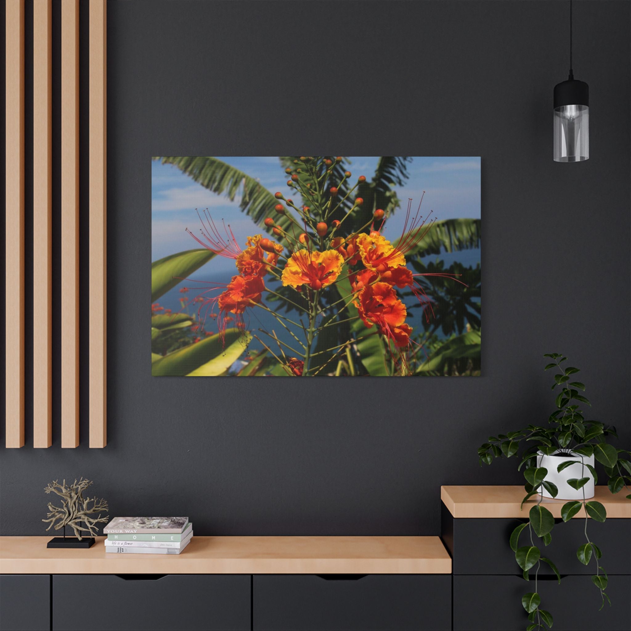 Tropical Flame Flower Satin Canvas Wall Art – Vibrant Orange Floral Stretched Print