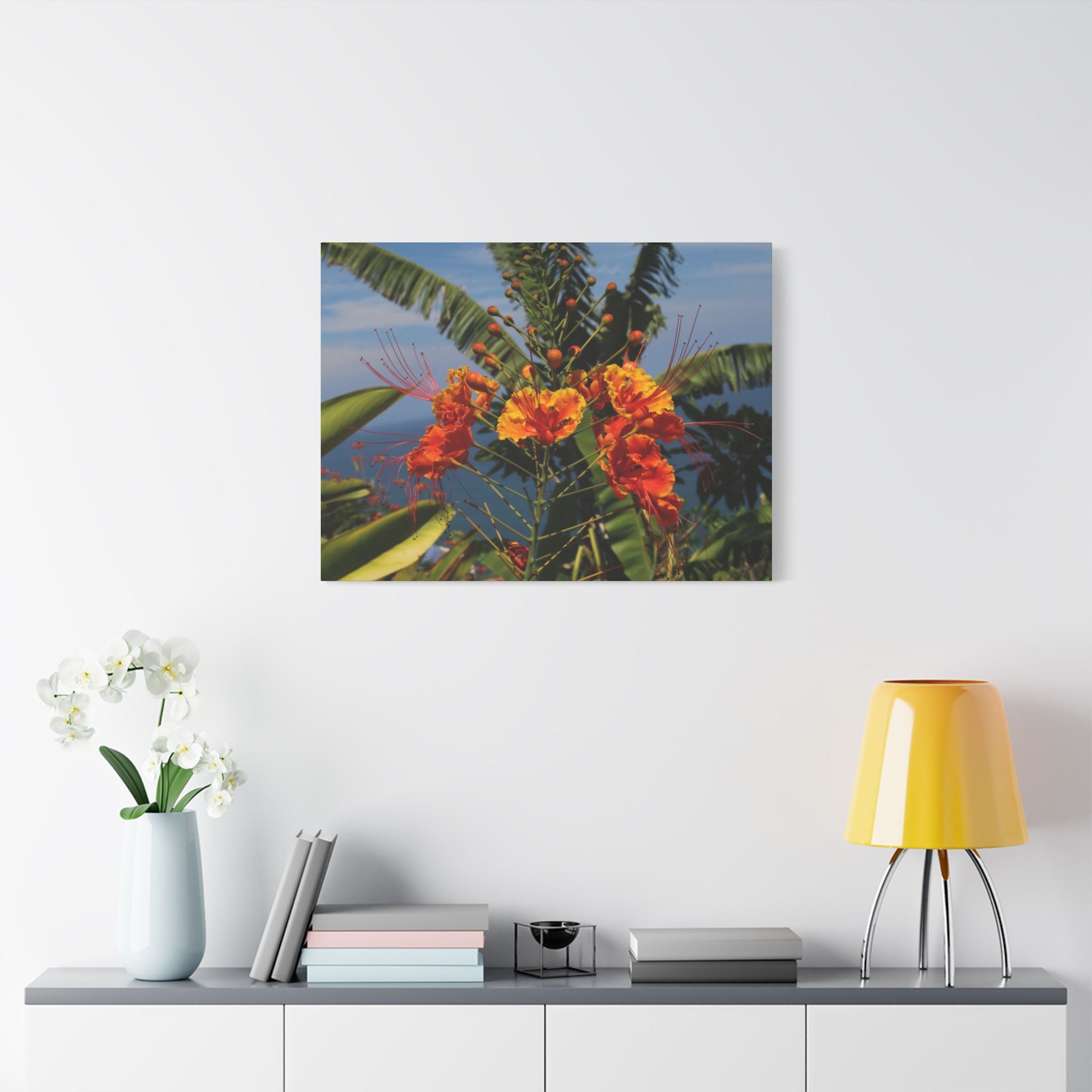 Tropical Flame Flower Satin Canvas Wall Art – Vibrant Orange Floral Stretched Print