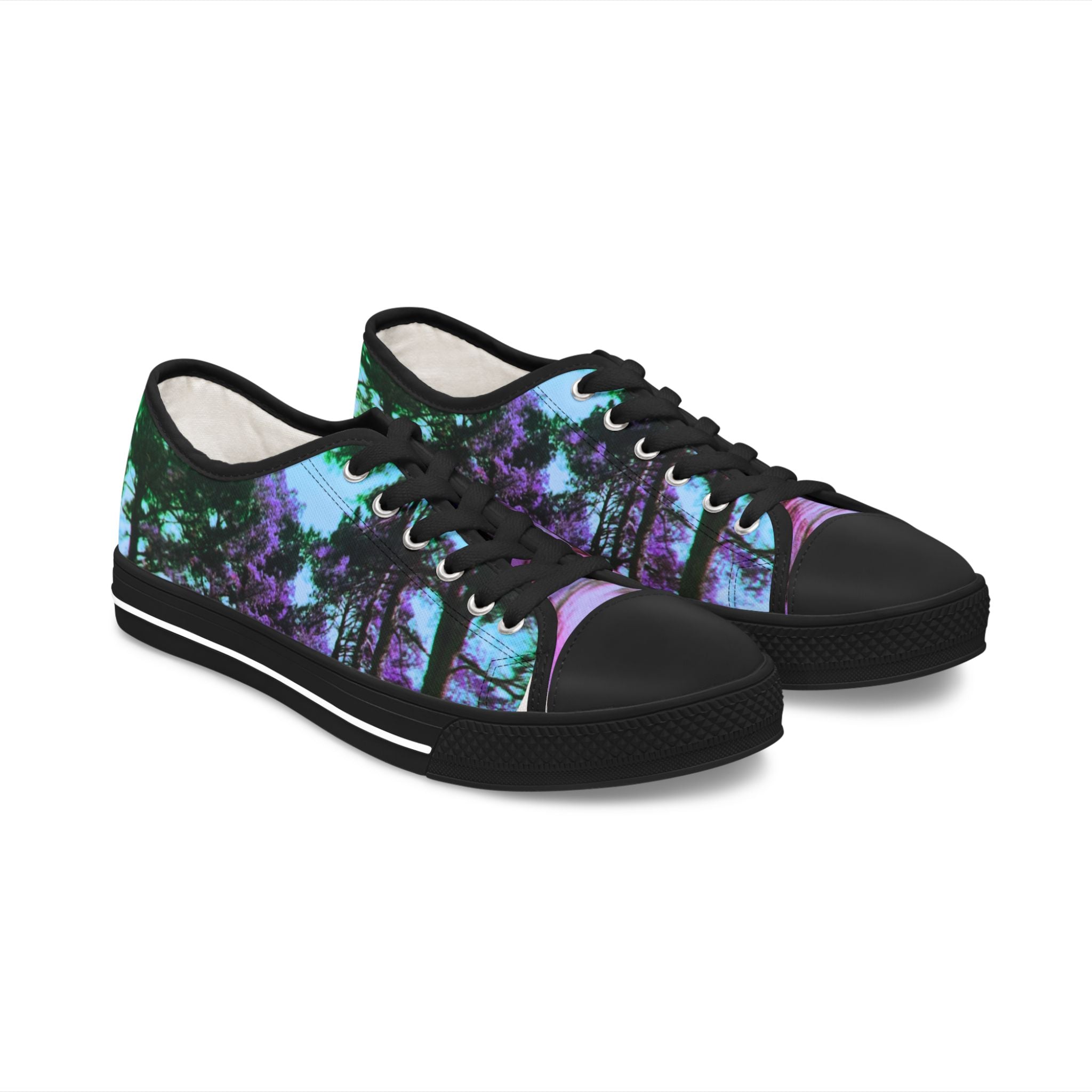 Women's Low Top Sneakers — Purple Teal Forest Print Casual Canvas Shoes